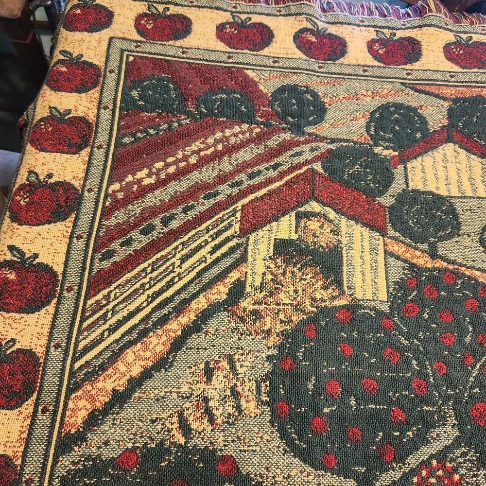 Vtg woven‎ Tapestry Throw Blanket Horses Barn Apple Orchard Thick Cotton Fringe